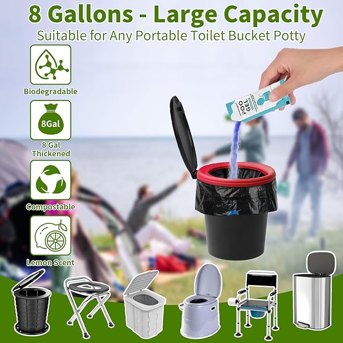 Portable Toilet Bags Poo Gel Set, 8 Gallon Camping Toilet Bags with Portable Toilet Absorbent Gel, Compostable Portable Potty Bags for Camping Outdoor Hiking