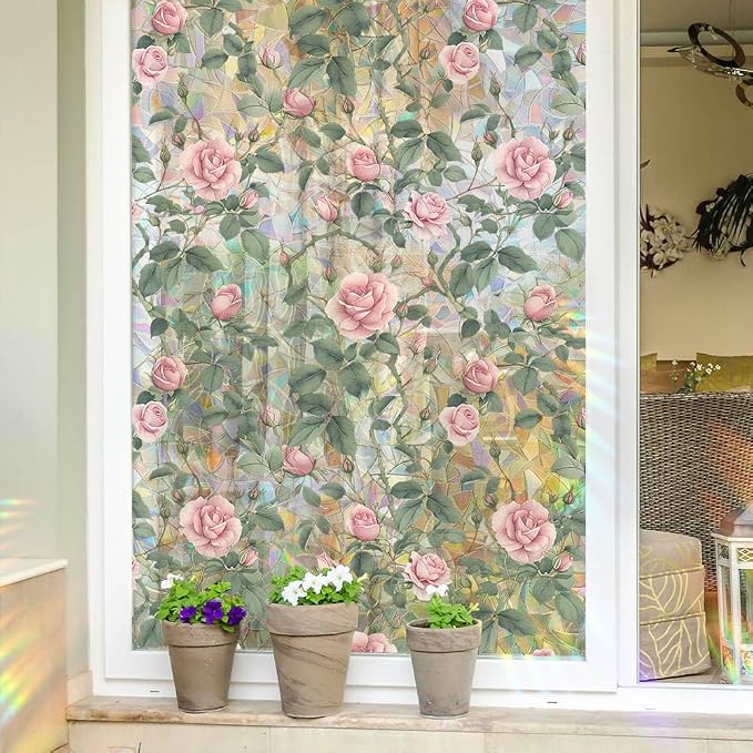 JOONOR Retro Pink Rose Flowers Window Privacy Film, 3D Stained Glass Rose - Image 3