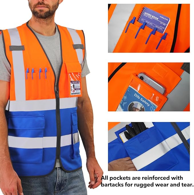 Dib Safety Reflective Vest High Visibility with Pockets and Zipper, Orange and Blue M