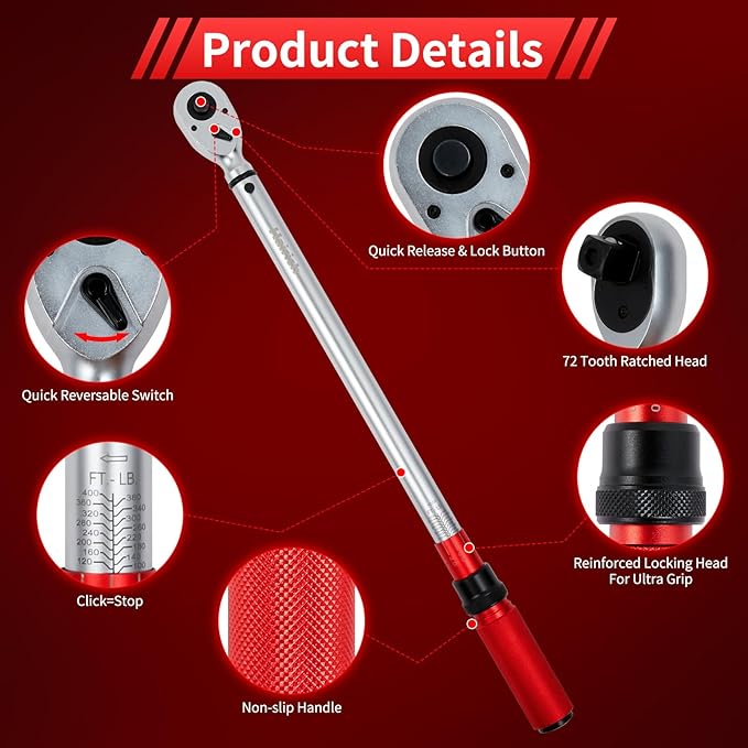 3/4-Inch Torque Wrench, Dual-Direction Adjustable 60 tooth 100-400ft.lb/136-542Nm, Professional Torque Wrench, for Maintenance Tool and Product Assembly