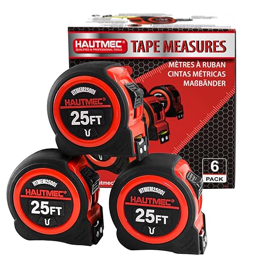 HAUTMEC 25FT Tape Measure 6 Pack Bulk with Magnetic Hook & Fractions - Professional Measuring Tape for Construction, Carpentry, DIY,HTMEM25001