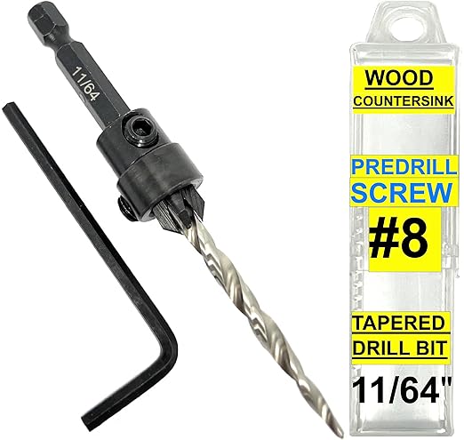 FTG USA Adjustable Wood Countersink Drill Bit #8 (11/64") with Tapered Drill Bit for Woodworking