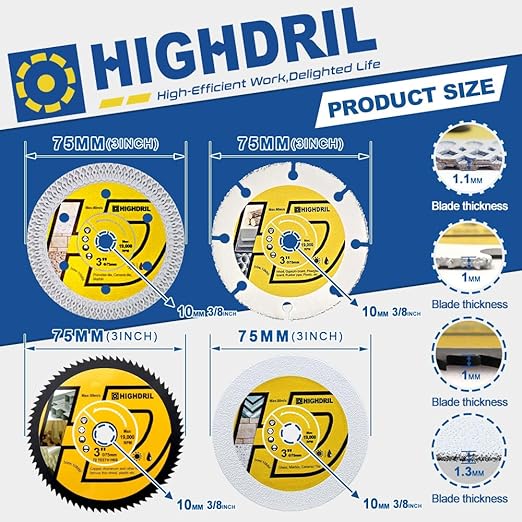 HIGHDRIL 3" 75mm Circular Saw Blade Set 4pcs - Diamond/HSS/Carbide Cutting Disc for Angle Grinder Cutting Soft Metal Copper Aluminum Tile Marble Granite Plastic Wood Glass