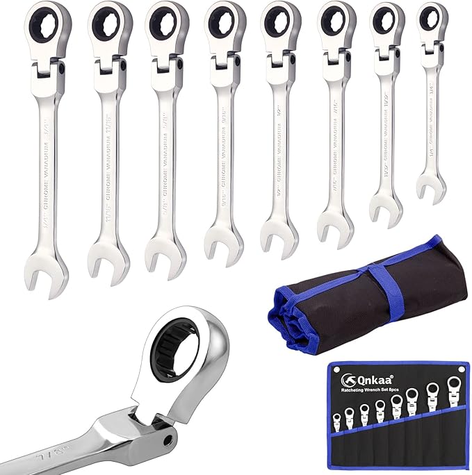 8pcs Flexible Ratchet Wrenches Set SAE 5/16” to 3/4“ Inch Standard Spanners Gear Ring Ratcheting Combination Flexi Wrench Kit Flex Flexible Head