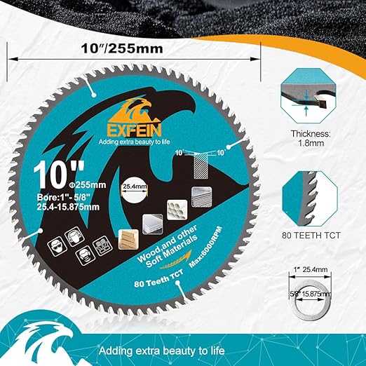 10 Inch Miter/Table Saw Blades 4pcs, 80 Teeth ATB TCT Fine Finish Wood Cutting Circular Saw Blade with 1 Inch Arbor