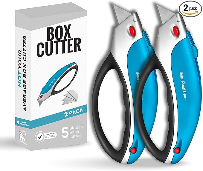 Box Cutter Retractable Utility Knife - Two Pack Heavy Duty Box Cutter Knife Cardboard Cutter - Box Opener Razor Knife - Box Knife Carpet Cutter with 5 Sharp Utility Blades (Blue 2 Pack)