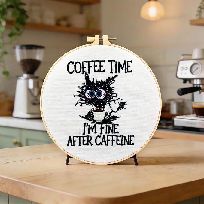 Cute Cat Embroidery Kits for Beginners Adults, Coffee Hand Embroidery Starter - Image 2