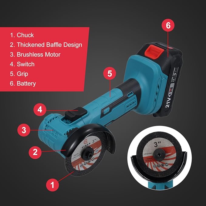 Cordless Angle Grinder Kit, 19000rpm Brushless Mini Angle Grinder with 2PCS 2000mAh Battery & 7pcs Cutting Discs, 21V Electric Cordless Grinder Tool for Metal Wood Polishing Rust Removal
