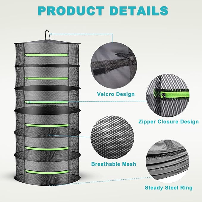 Layer 2ft Herb Drying Rack Hanging Mesh Net with Green Zippers,Bonus Hook Drying Rack Herbs for Plant Bud Seed,Herb Dry Net for Garden(6 Layer, Zipper Type)