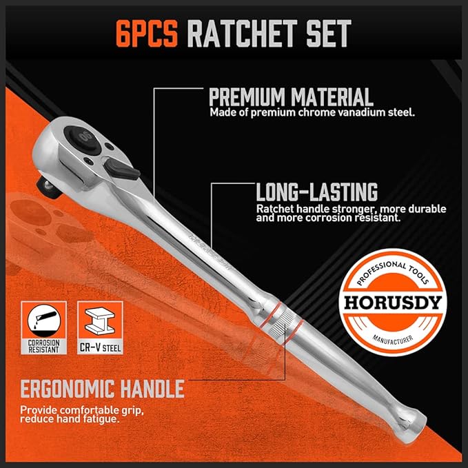 HORUSDY 3-Piece Ratchet Set, 1/4” 3/8”, 1/2" Drive Ratchet Handle Set, 90-Tooth,CR-V, Quick Release Ratchets