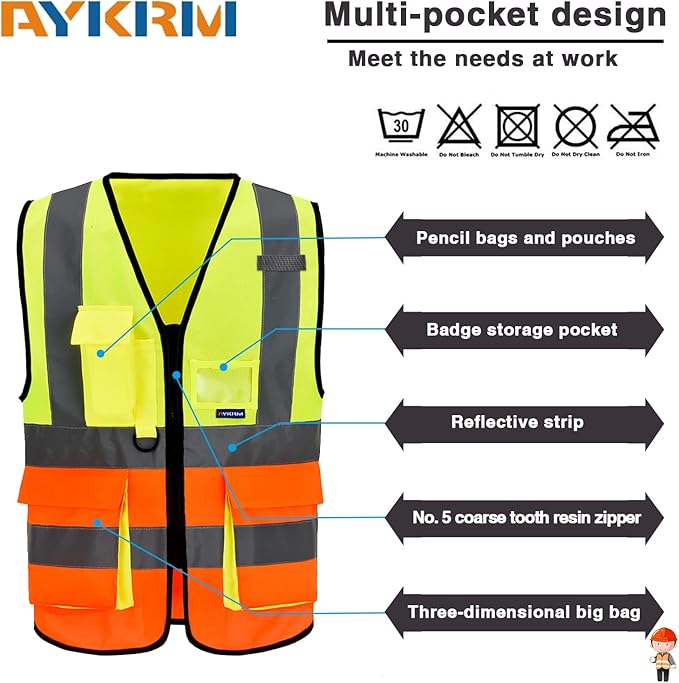 Small High Visibility Safety Vest with 7 Pockets, Multi Frontal Pockets Lighetweight Safety Vest with Reflective Strips and Zipper, Yellow&Orange Color Mixed
