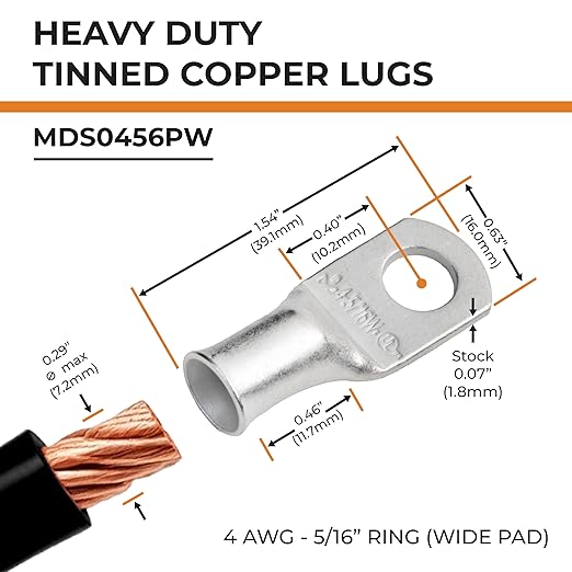 SELTERM 10pcs 4 AWG-5/16 Stud (Wide Pad) Tinned Copper Wire Lugs, Heavy Duty Battery Cable Ends,4 Guage Ring Terminals, UL Battery Lugs Marine Grade Copper Eyelets Battery Terminal Connectors