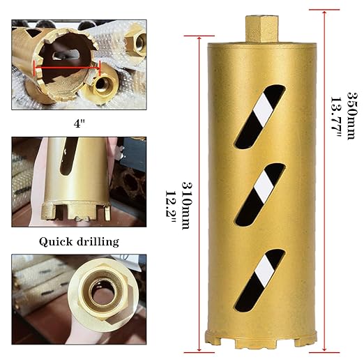 4" Dry Core Drill Bits for Cured Concrete with Rebar Brick Blonck Masonry etc 12.2in/310mm Drilling Depth，10mm Diamond Segment Height，2 Adapters