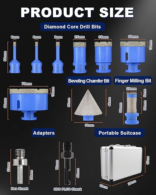 Diamond Tile Hole Saw Kit - 11Pcs 1/4'' X 2, 5/16'', 1'', 1-3/8'', 2'', 3'' Drill Bits, 4/5'' Drilling Milling Bit, 2'' Beveling Chamfer Bit, 2pcs Adapters for Porcelain Tile Ceramic Granite Marble