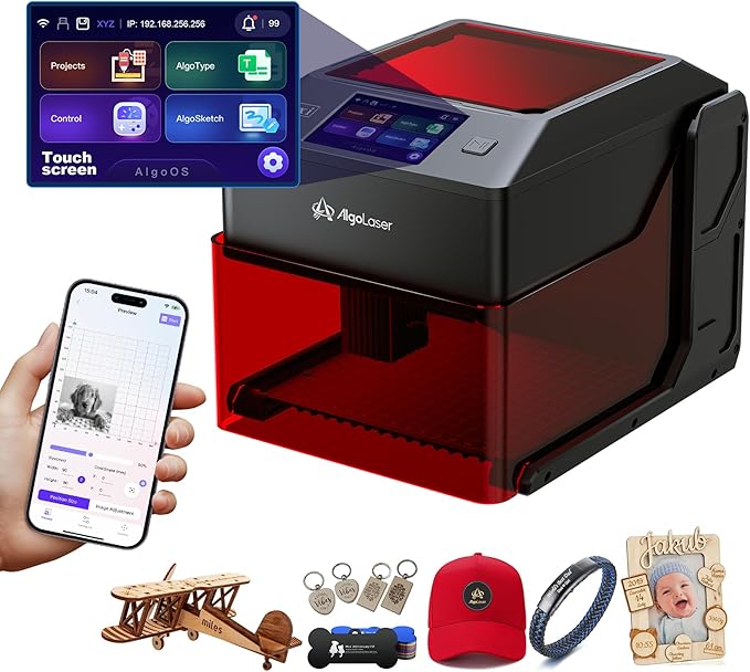 AlgoLaser Laser Engraver Machine: Portable & Smart with 3.5" Touch Screen & AlgoOS System - Hand Drawing/Wireless/SD Card/Offline Engraving - Laser Power 3000mW/Class 1 for Wood, Acrylic, Leather