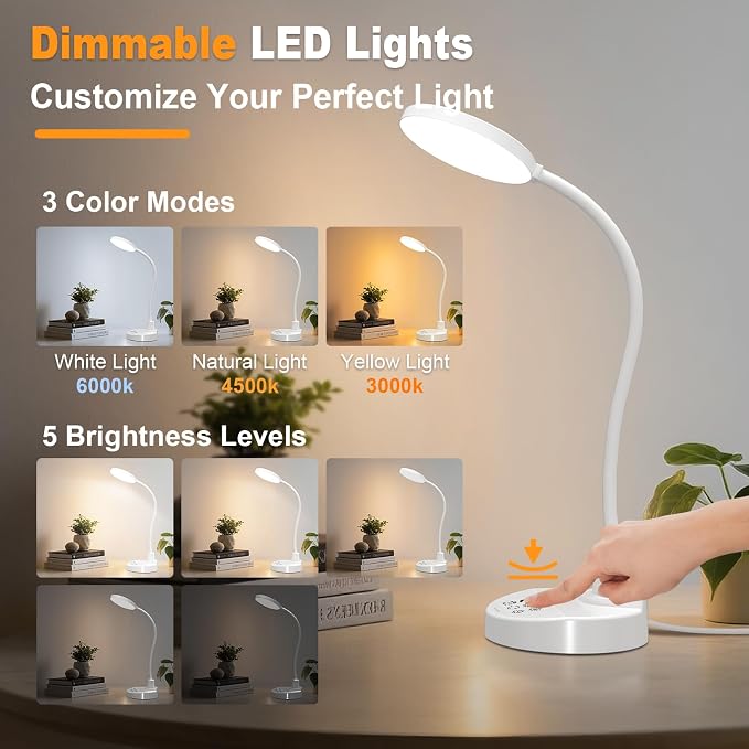 15W LED Desk Lamp with USB Charging Ports, Dimmable Table Lamp with 3 Color - Image 2