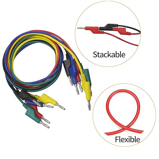 Makeronics 5pcs Banana to Banana Plug Test Lead Set for Multimeter | 4mm Stackable Banana Plug | 39.37inch / 1m length Flexible Electrical Test Wires 1000V/15A | 5 Colors (Black/Red/Green/Blue/Yellow)