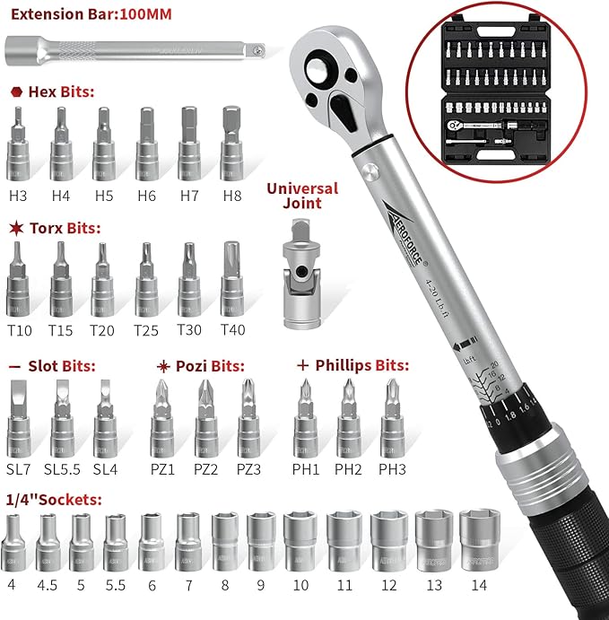 AEROFORCE 1/4 inch 37Pcs Drive Click Torque Wrench Set（4-20 Lb.ft/5.4-27.2 Nm）,Dual-Direction Reversible 1/4" Bike Torque Wrench with Extension Bar, Sockets&Universal Joint, Maintenance Kit for MTB.