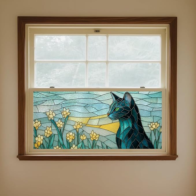 IVN Stained Glass Window Film 39.3x17.7 inch Cat and Daffodils Window Privacy - Image 4