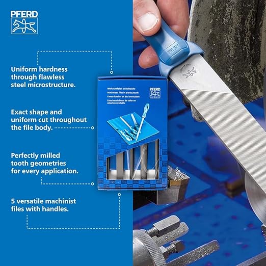 Pferd 10" Machinist File Set, 5-Piece – American Pattern, WRU 541 Type – Second Cut for Efficient Stock Removal – with Ergonomic Handles & Plastic Pouch – Part #16080