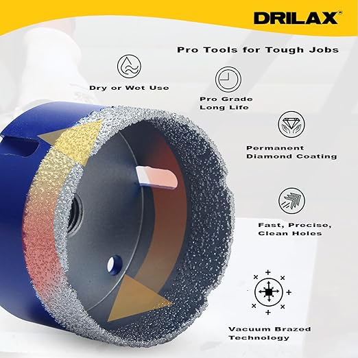 Drilax Pro Series 3 Inch Diamond Hole Saw | for Angle Grinders (5/8"-11 Thread) & Regular Drills (Adapter Incl.) | 1-3/8" Depth | Fast Dry Drilling for Large Pipes, Ducts, Recessed Lights | Long Life