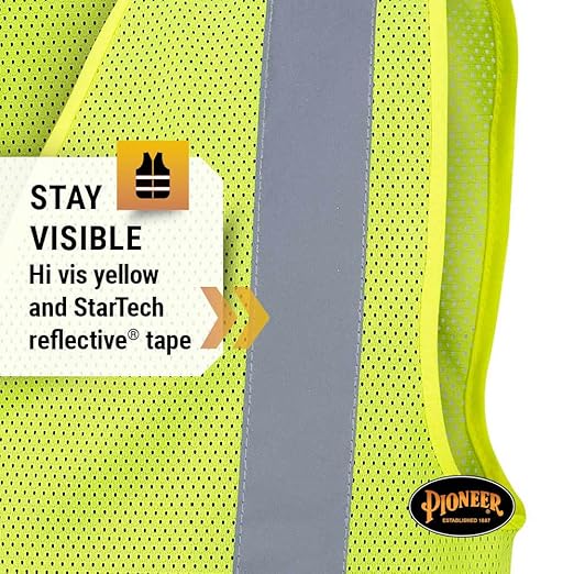 Pioneer Hi Vis Mesh Safety Vest - for Traffic & Public Workers - Cool & Lightweight - Class 2 - Reflective Tape - Yellow
