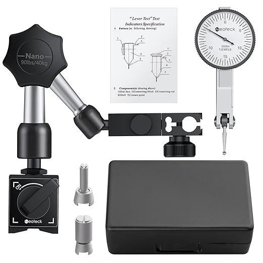 Neoteck Dial Test Indicator with Magnetic Base Stand and Storage Case, 0-0.03"/0.0005" Test Indicator Set with 2 Steel Dovetail Clamps 3/8'' and 5/32'' for Machine Set-Up, Narrow Area Measurement