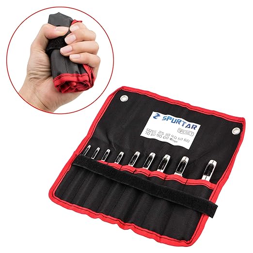 Spurtar 9 PCS Leather Hollow Round Hole Punch 3/32''-25/64'' Carbon Steel Heavy Duty Leather Hole Punch Set for Vinyl Gasket Watch Belt Canvas with Storage Bag