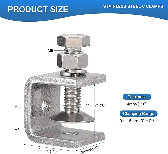 2 Pack 304 Stainless Steel C Clamps with 20mm/0.79" Stable Wide Jaw Opening Tiger Clamp for Woodworking Welding Construction Household Mount