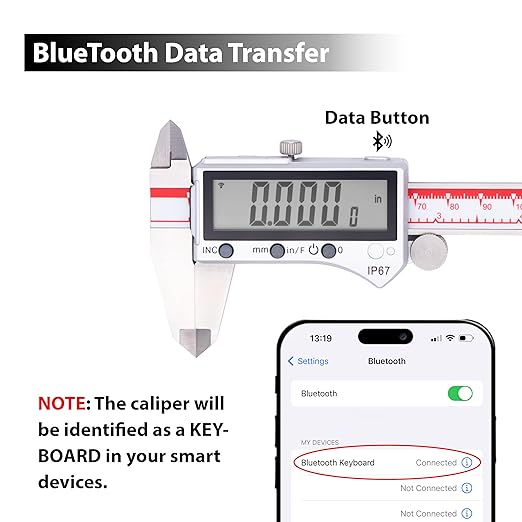 VINCA IP67 Grade Bluetooth Digital Caliper, DIPA-0605B 0-6 Inch/150mm, Inch/Millimeter/Fraction Conversion, Stainless Steel, Large LCD Screen