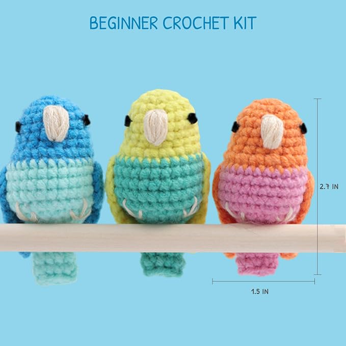 HOUSE CREATIVITY Crochet Kit for Beginners, Make 3 Mini Budgie Birds, Amigurumi - Image 2
