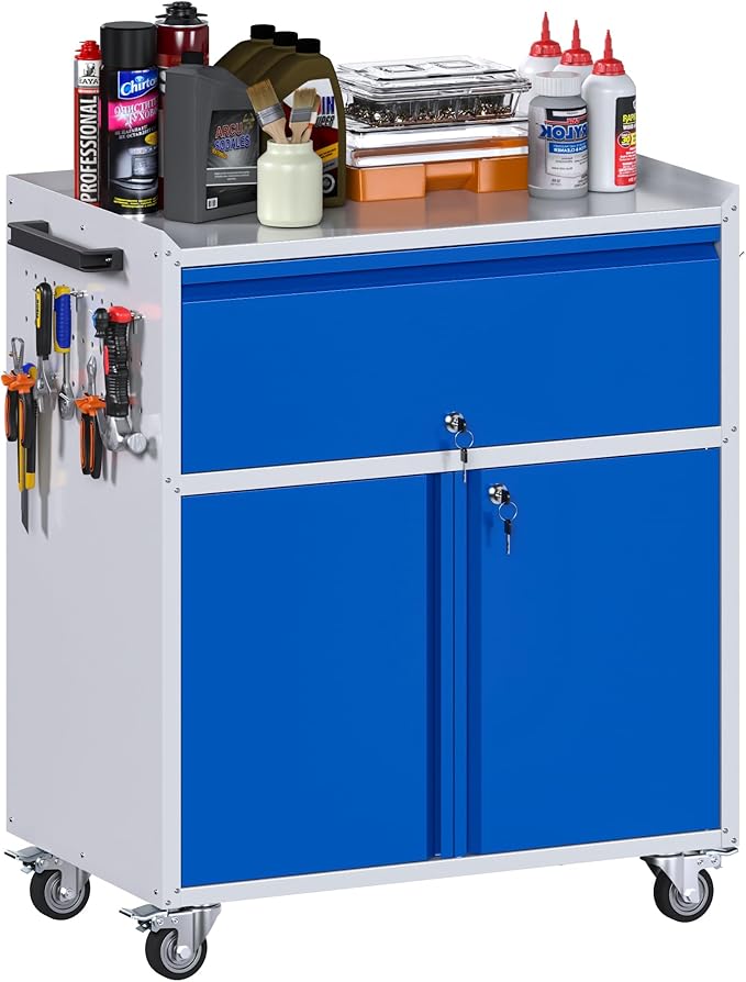 Aobabo Metal Cabinet with Wheels, Metal Garage Cabinet with 1 Drawer and 4 Hooks, Small Rolling Tool Storage with Pegboard and Handle, Assembly Required, Blue Grey