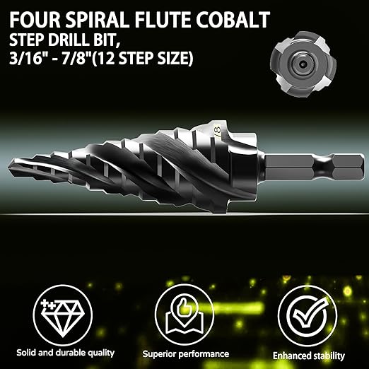M35 Cobalt Step Drill Bit Set, TiAlN Coated Unibit Metal Hole Cutter 1/8"-7/8"(3pcs), High Speed Steel with 4 Spiral Flutes, Hex Shank for Stainless Steel, Wood, Plastic