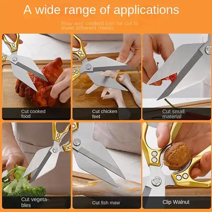 Multi-Purpose Kitchen Scissors,stainless steel scissors,Poultry Shears,Sharpeners Bottle Openers Zester and More Stainless Steel,for opening cans and heavy duty poultry cutting (Gold)