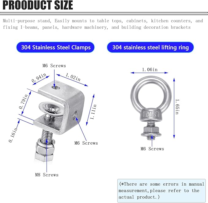 6-Pack Small C Clamps – 304 Stainless Steel Beam Clamps with M6 Screw Ring | Adjustable, Rust-Resistant I Beam Clamps for Ring Beams, Welding, Woodworking, Plants & Desk Use. Wide Jaw Openings (20MM)