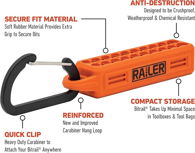 Screwdriver Bit Holder Storage Organizer – Railer 20-Hole Orange Bit Holder with Carabiner