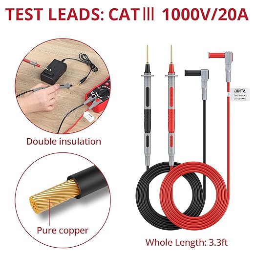 BINTA 27-Piece Silicone Multimeter Leads Kit with Replaceable Gold-Plated Test Probes 4PCS Alligator Clips Test Hook, Multimeter Leads Kit for Industrial Car Electrical Testing Home CAT Ⅲ 1000V 20A