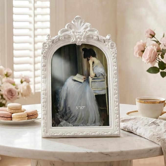 Cuspin 5x7 Picture Frame White Arched Frames, Vintage Ornate Resin Photo Frame - Image 7