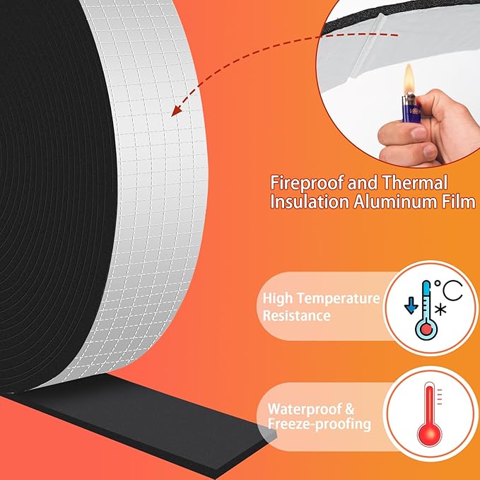 2in x 59FT Pipe Insulation Foam Tape,Self Adhesive Pipes Wrap Insulation Tape with Aluminum Foil,Waterproof Water Pipes Wrap Insulation Tape for Winter Cold Hot Water Pipes