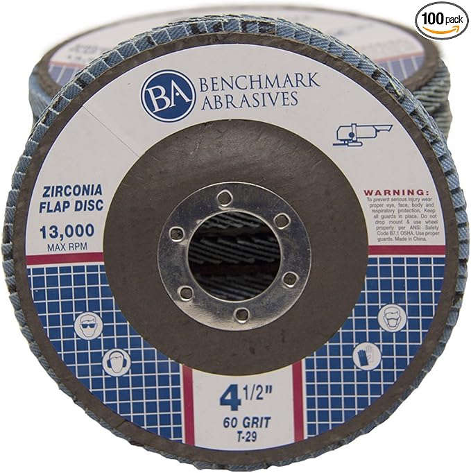 Benchmark Abrasives 4.5" x 7/8" Premium Zirconia T29 Angled Flap Discs 4 1/2 for Angle Grinder, Sanding Discs, Finishing, Rust, Stock Removal- Grinding Wheels 4 1/2 Inch (100 Pack) - 60 Grit