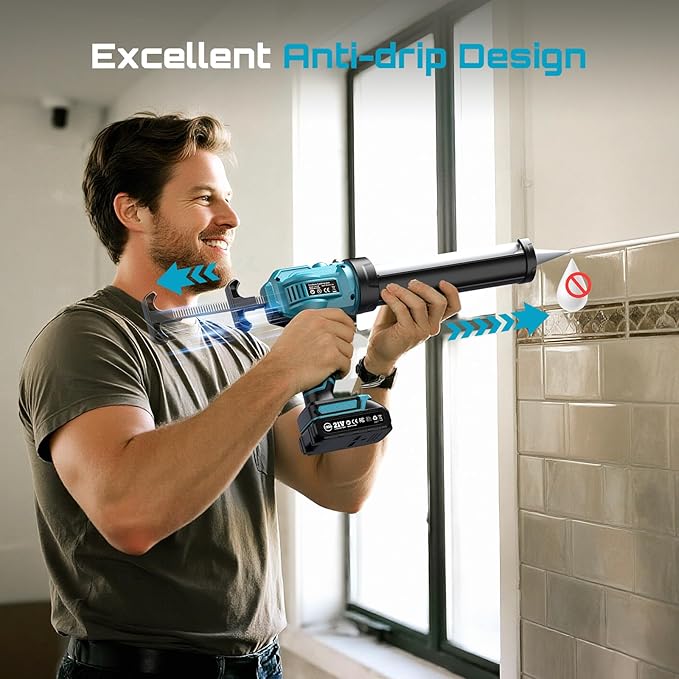 SEESII Cordless Caulking Gun, 21V Battery Powered Caulk Gun, Electric Caulking Gun w/2 x 2.0Ah Batteries, 9Pcs Caulk Remover Tool, LED Light, Auto Retract, Adhesive Gun Kit for Filling, Sealing