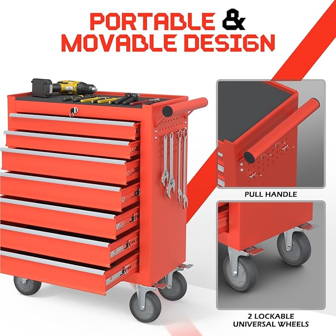 7-Drawer Rolling Tool Chest,Metal Rolling Tool Chest with Wheels and Locking Tool Box,Portable Metal Tool Box for Warehouse,Garage, Repair Shop, Workshop (Red, 7-Drawer)