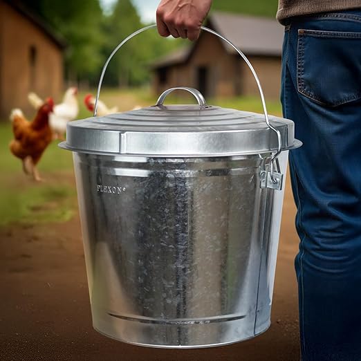 Plexon Metal Trash Can with Locking Lid Outdoor Storage Bucket for Bird Seed Ash Galvanized Steel 10-Gallon 6 Pack