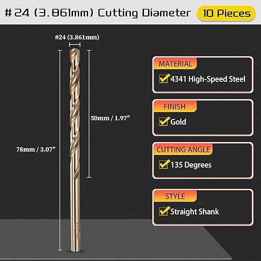 Drill Bit, #24 Cutting Diameter, 4341 HSS Gold Finish 135° Cutting Angle Number Jobber Bits - (Applications: for Drilling Soft Metal Plastic Wood), 10-Pieces