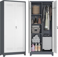 72.8" H Utility Closet Cabinet, Broom Closet Storage Cabinet with Locking Doors, Garage Tool Cabinets with Hanging Rod, Cleaning Storage Cabinets for Garage,Bedroom Office Grey&White