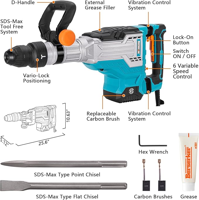 Berserker 1700W 25-Pound SDS-Max Demolition Jack Hammer, 1-9/16" 14-Amp Corded Electric Heavy Duty Demo Chipping Hammer Concrete/Pavement Breaker with Carrying Case Flat Chisel Bull Point Chisel