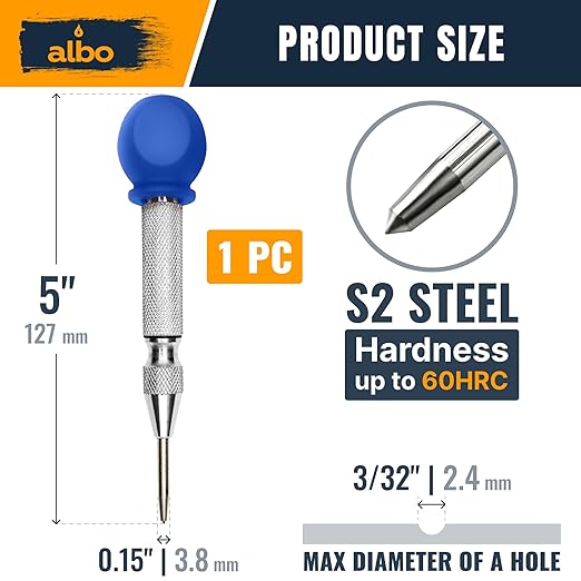 ALBO Spring Loaded Center Punch Tool – 5 Inch Automatic Punch for Metal, Wood & Steel – Heavy Duty Drill Punch with Non-Slip Comfort Cap, Galvanized Finish & Precision Tip for Accurate Marking (1pc)
