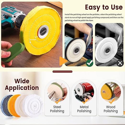 8PCS 6 Inch Buffing & Polishing Wheel Kit for Bench Grinder, 1/2" Arbor Hole, Denim/Yellow/White/Flannel Polishing Wheels with 4 Buffing Compound Set,Polishing Rouge Bars