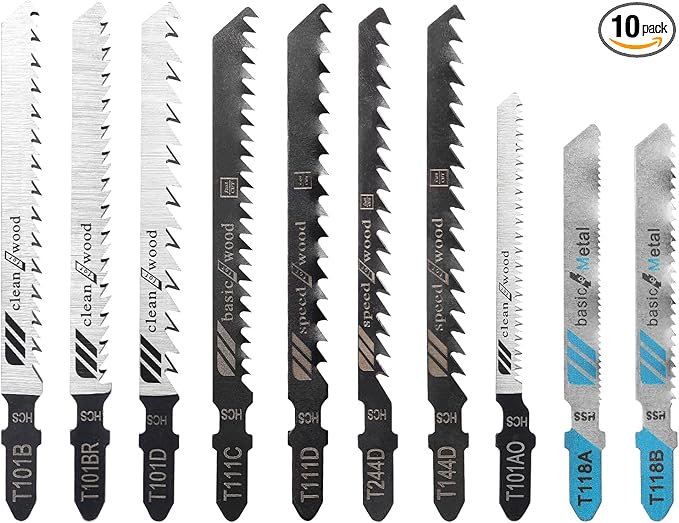 10-Pcs T-Shank Multi-Purpose Jigsaw Blades Set with Storage Case, Made with HCS/HSS, Assorted T-Shank Jig Saw Blades for Wood, Plastic and Metal Cutting (JSB10A)