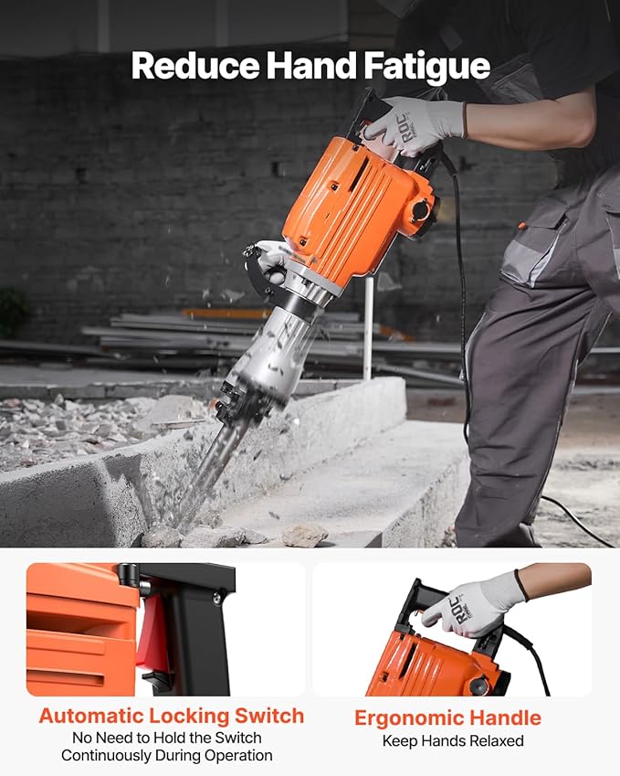 VEVOR Demolition Jack Hammer, MAX 2200W Electric Jackhammer Heavy Duty, 1350 BPM Concrete Breaker 6pcs Chisels Bit Chipping with Case